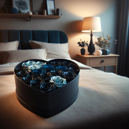 Azure Elegance Roses in Heart-Shaped Black Box - Imaginary Worlds