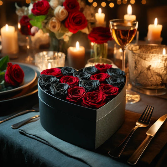 Black and Red Roses in Heart-Shaped Black Velvet Box - Imaginary Worlds