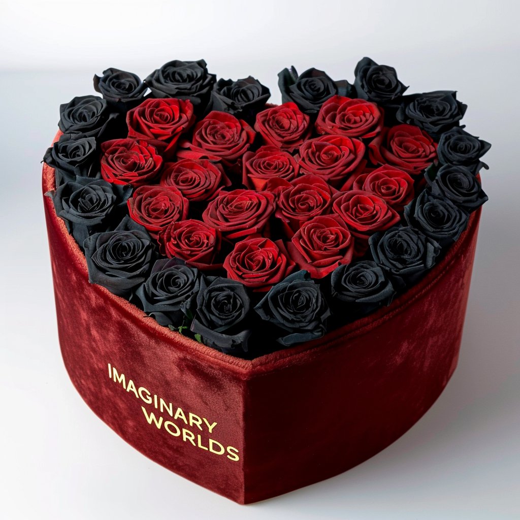 Black and Red Roses in Heart - Shaped Black Velvet Box - Imaginary Worlds