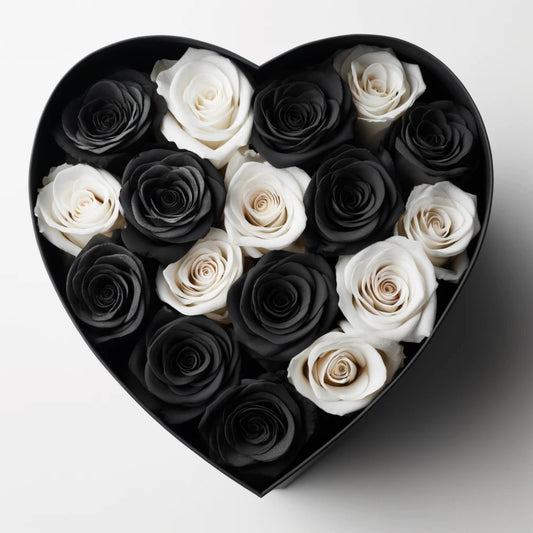 Black and White Roses in Heart-Shaped Black Paper Bo - Imaginary Worlds