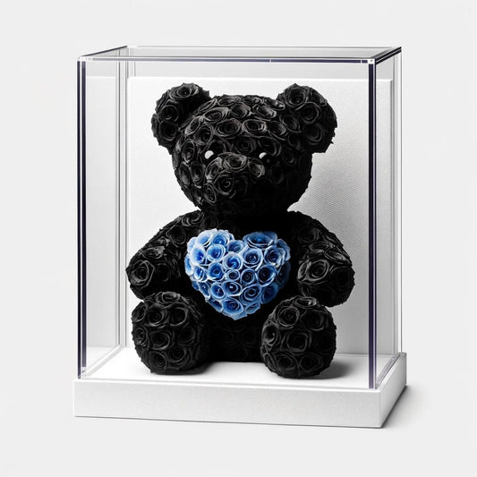 Black Rose Bear with Blue Roses Heart - Imaginary Worlds