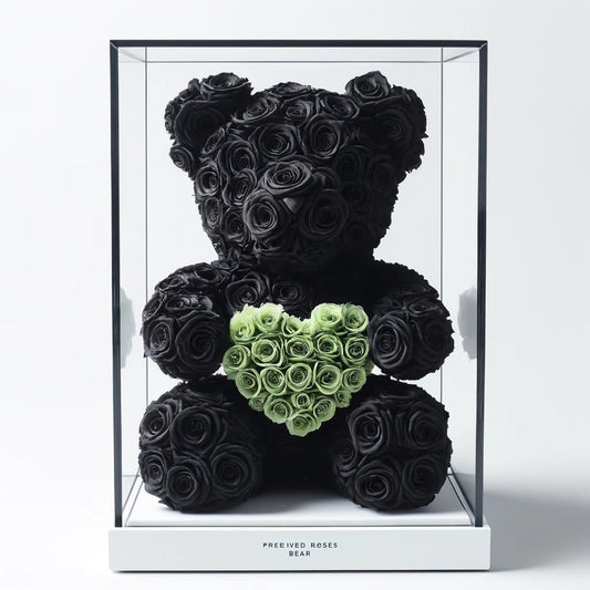 Black Rose Bear with Green Roses Heart - Imaginary Worlds
