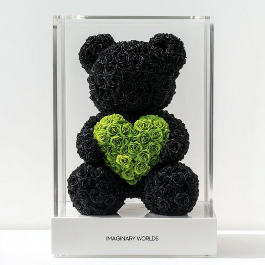 Black Rose Bear with Green Roses Heart - Imaginary Worlds