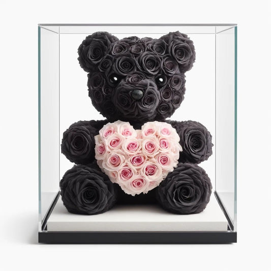 Black Rose Bear with Pink Roses Heart - Imaginary Worlds