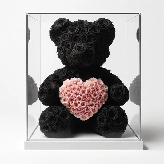 Black Rose Bear with Pink Roses Heart - Imaginary Worlds