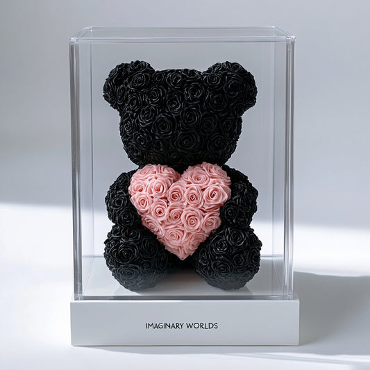 Black Rose Bear with Pink Roses Heart - Imaginary Worlds