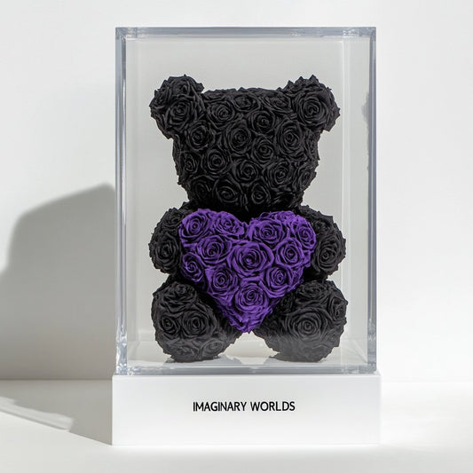 Black Rose Bear with purple Roses Heart - Imaginary Worlds