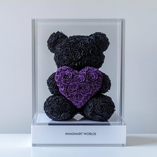 Black Rose Bear with purple Roses Heart - Imaginary Worlds