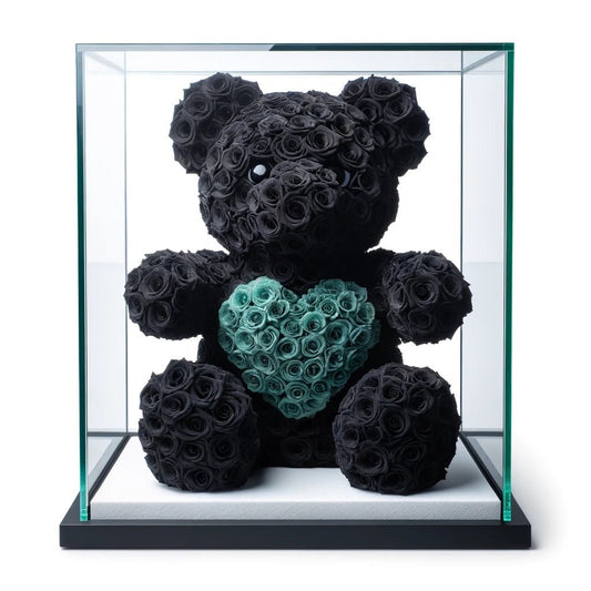 Black Rose Bear with Teal Roses Heart - Imaginary Worlds
