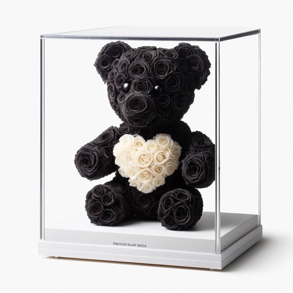 Black Rose Bear with White Roses Heart - Imaginary Worlds