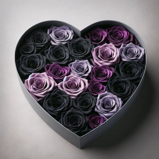 Black, Royal Purple, Purple, and Lavender Roses in Heart-Shaped Grey Paper Box - Imaginary Worlds