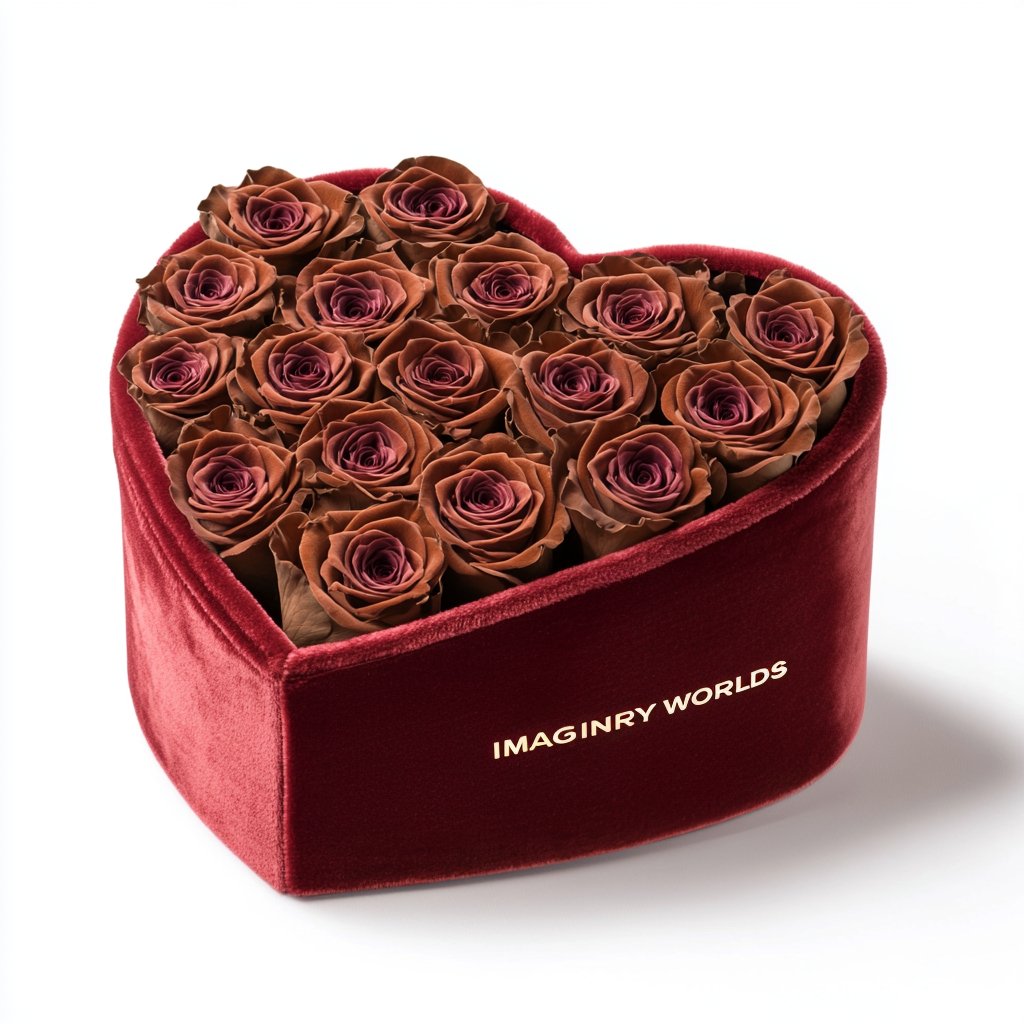 Brown Forever Roses in Heart - Shaped Velvet Box - Imaginary Worlds