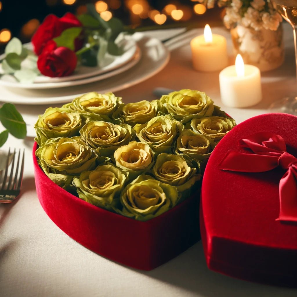 Chartreuse Forever Roses in Heart-Shaped Velvet Box - Imaginary Worlds