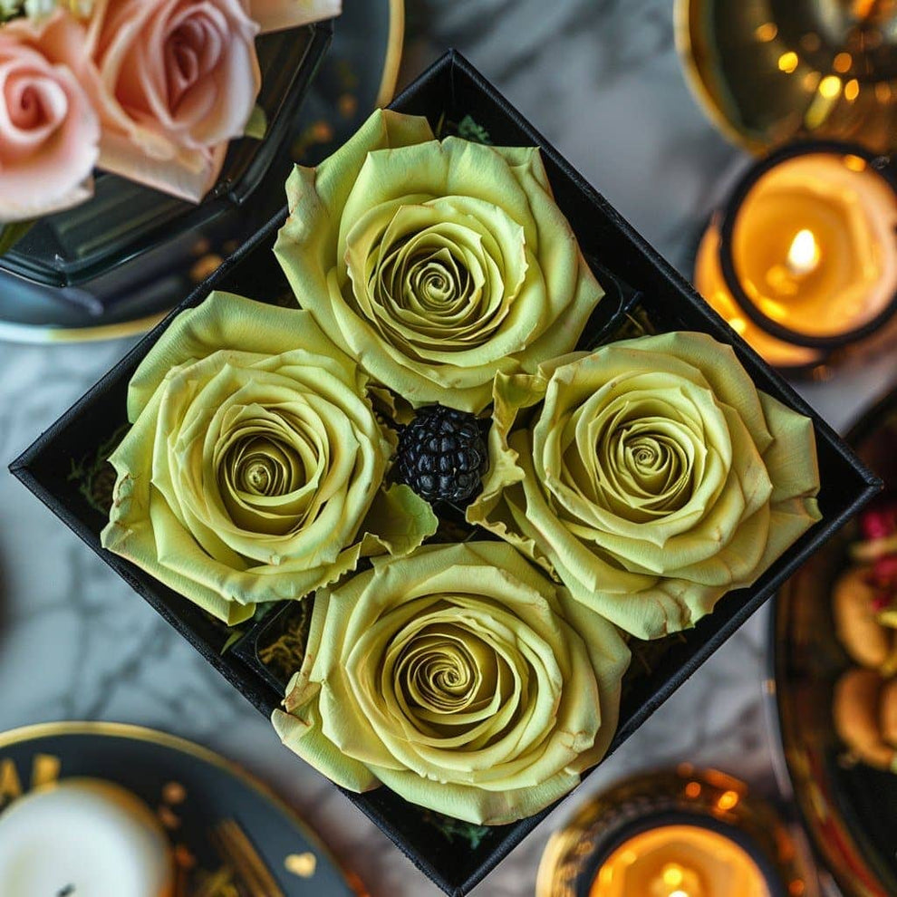 Chartreuse Preserved Roses in Modern Black Square Box – Preserved Roses ...
