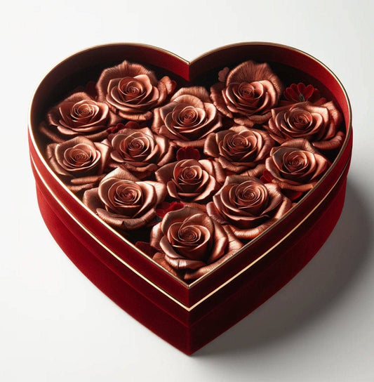 Copper Forever Roses in Heart-Shaped Velvet Box - Imaginary Worlds