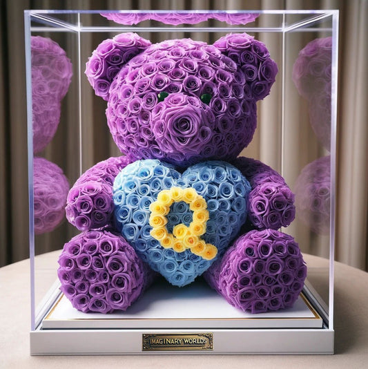 Custom Letter Purple Rose Bear with Blue Heart - Imaginary Worlds