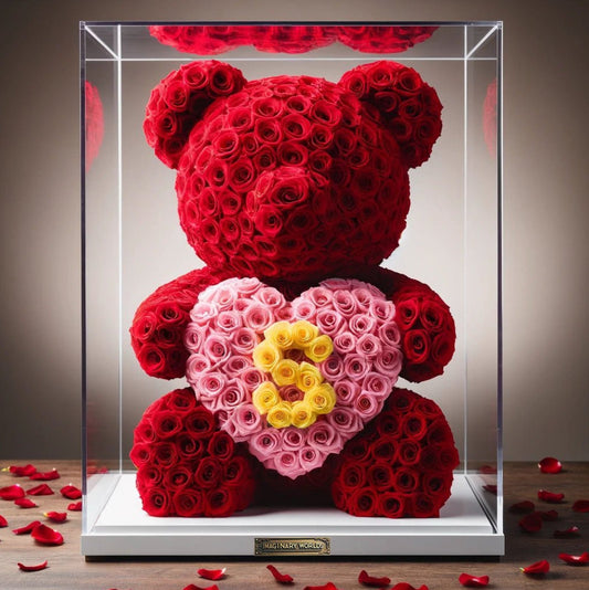 Custom Letter Red Rose Bear with Pink Heart - Imaginary Worlds