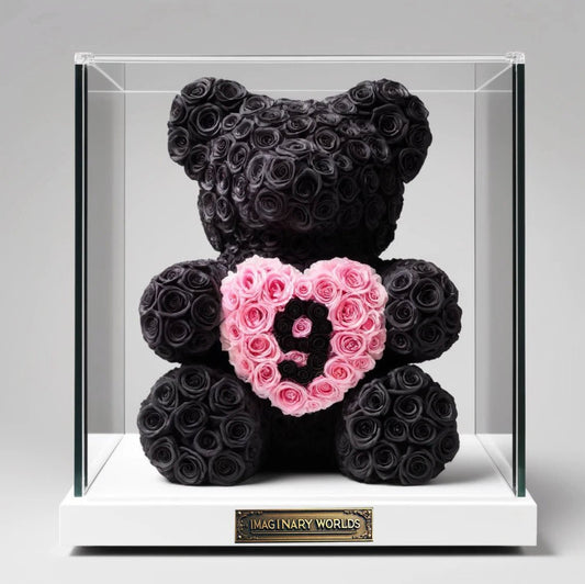 Custom Number Black Rose Bear with Pink Heart - Imaginary Worlds