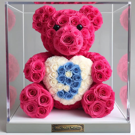 Custom Number Hot Pink Rose Bear with Love-Shaped Blue Heart - Imaginary Worlds