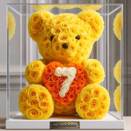 Custom Number Sunny Yellow Rose Bear with Orange Heart - Imaginary Worlds