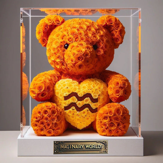 Custom Zodiac Sign Orange Rose Bear with Yellow Heart - Imaginary Worlds