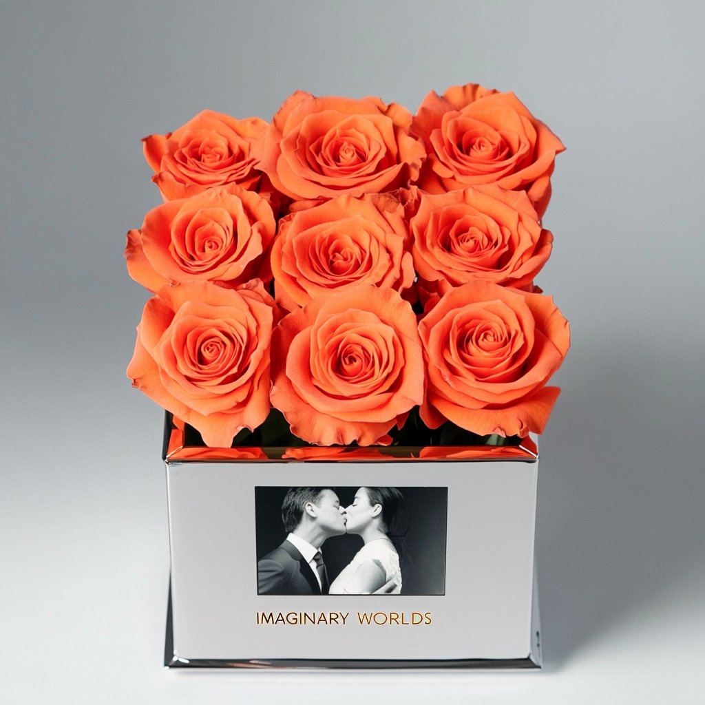 Customized Orange Infinity Roses Box with Photo - Silver Box ...