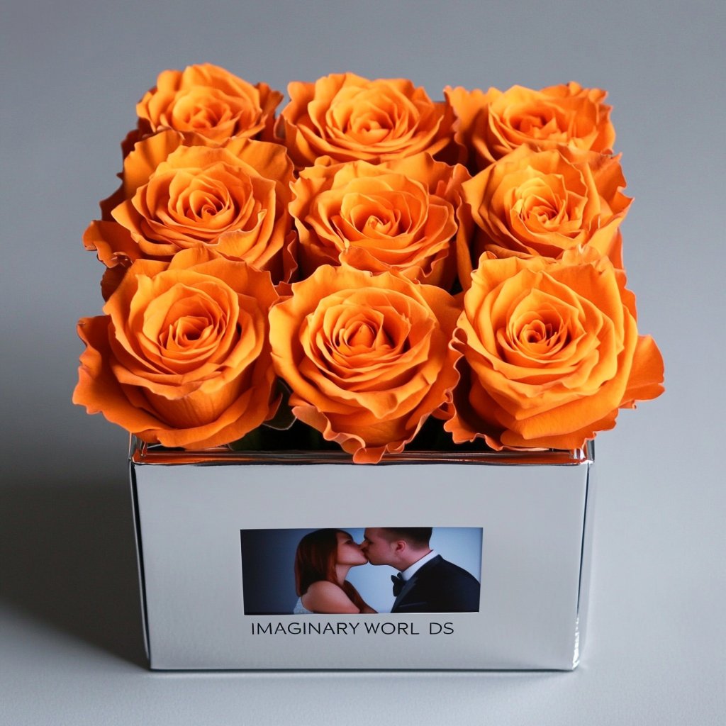 Customized Orange Infinity Roses Box with Photo - Silver Box ...