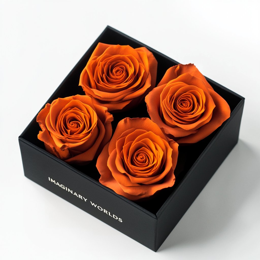 Dark Orange Forever Roses in Black Velvet Box - Imaginary Worlds