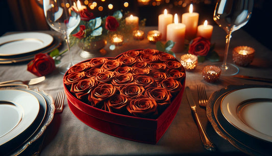 Dark Orange Forever Roses in Heart-Shaped Velvet Box - Imaginary Worlds