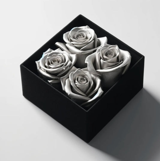 Elegant Silver Forever Roses in Black Velvet Box - Imaginary Worlds