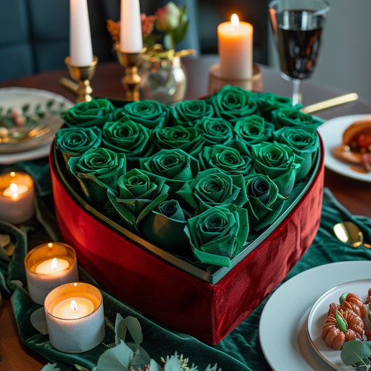 Emerald Green Forever Roses in Heart-Shaped Velvet Box - Imaginary Worlds