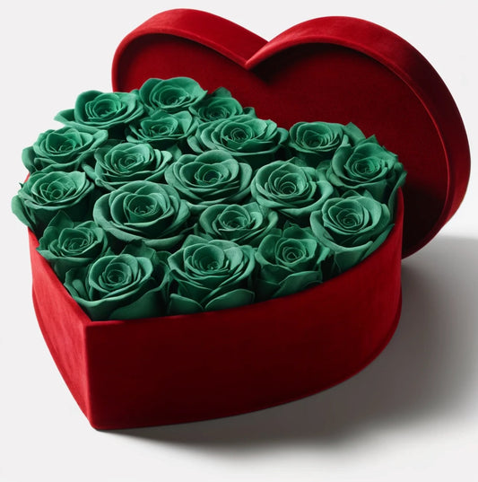 Emerald Green Forever Roses in Heart-Shaped Velvet Box - Imaginary Worlds