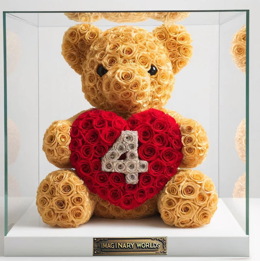 Golden Rose Bear with Silver Numbered Heart - Imaginary Worlds