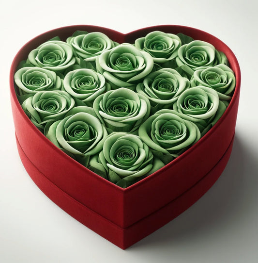Green Forever Roses in Heart-Shaped Velvet Box - Imaginary Worlds