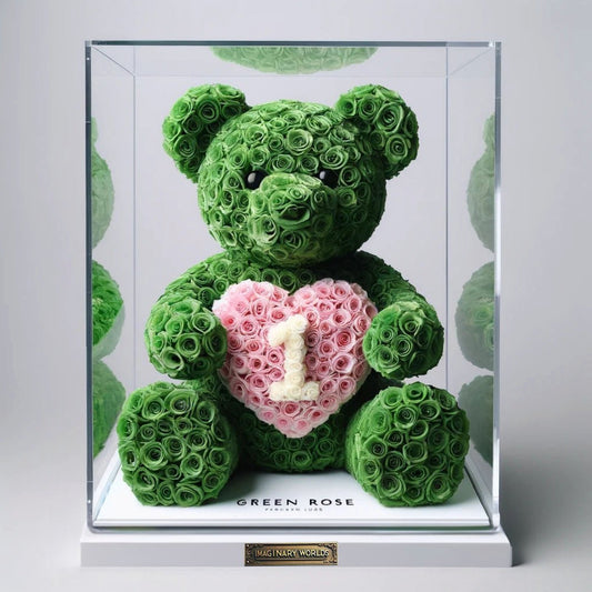 Green Rose Bear with Custom Number Heart - Imaginary Worlds
