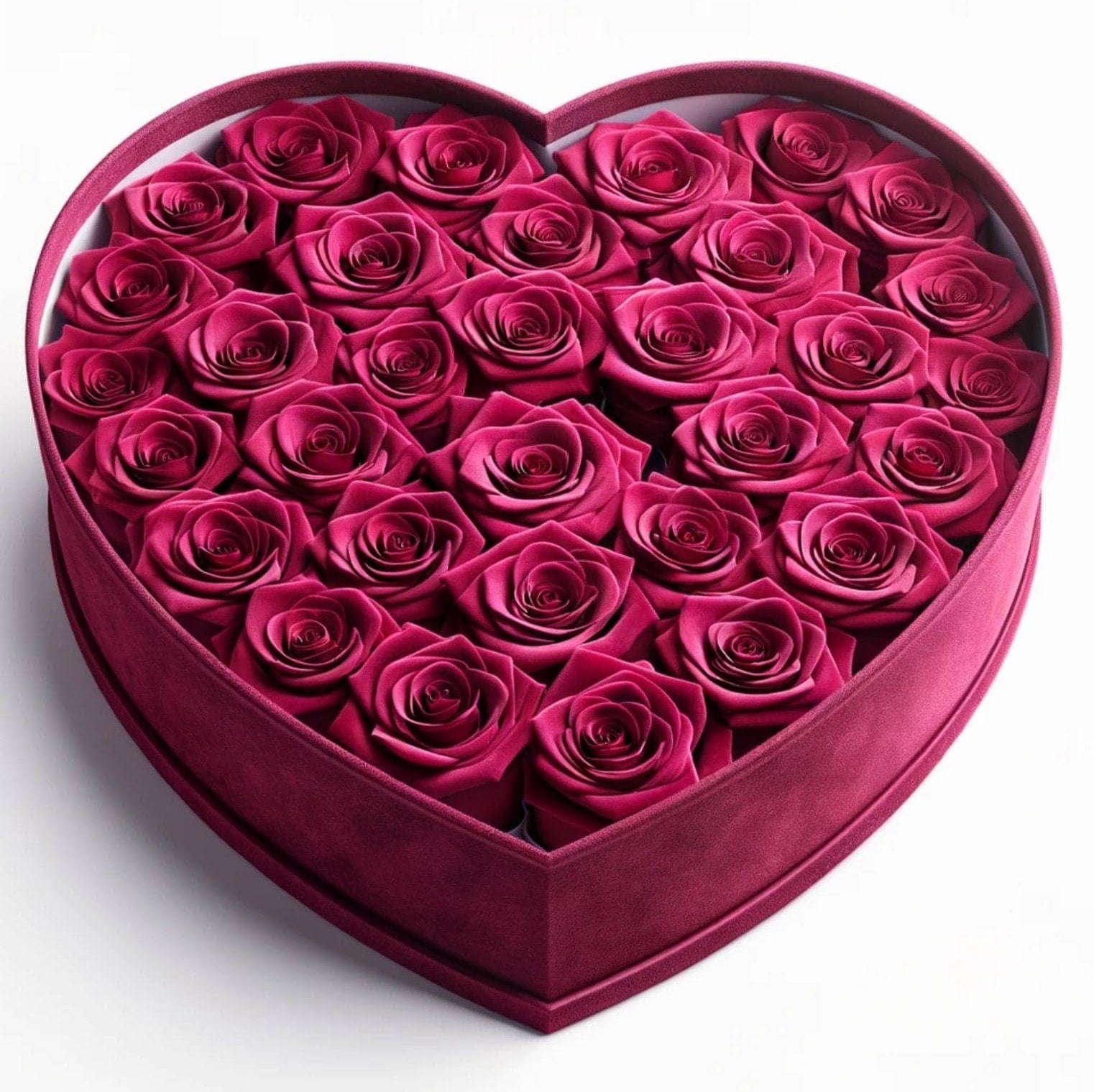 Hot Pink Forever Roses in Heart-Shaped Velvet Box - Imaginary Worlds