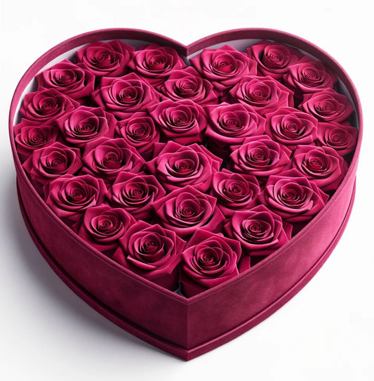 Hot Pink Forever Roses in Heart-Shaped Velvet Box - Imaginary Worlds