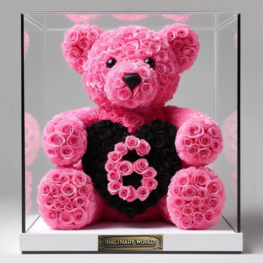Hot Pink Rose Bear with Black Heart Number - Imaginary Worlds