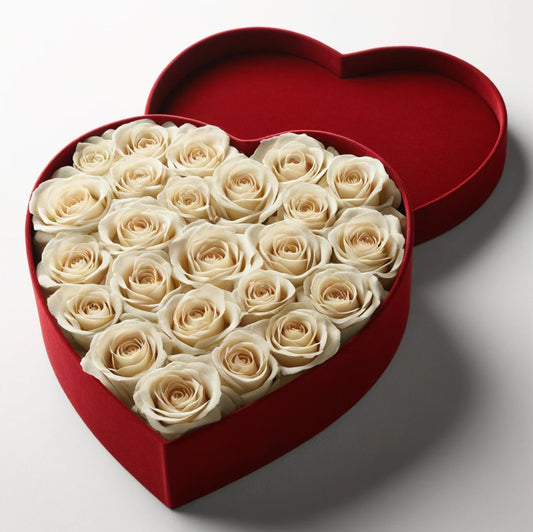 Ivory Forever Roses in Heart-Shaped Velvet Box - Imaginary Worlds