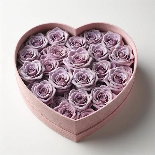 Lavender Roses in Light Pink Heart-Shaped Velvet Box - Imaginary Worlds