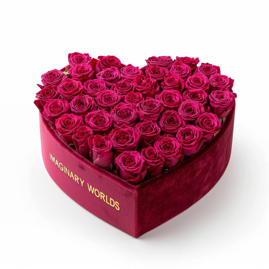 Magenta Forever Roses in Heart - Shaped Velvet Box - Imaginary Worlds