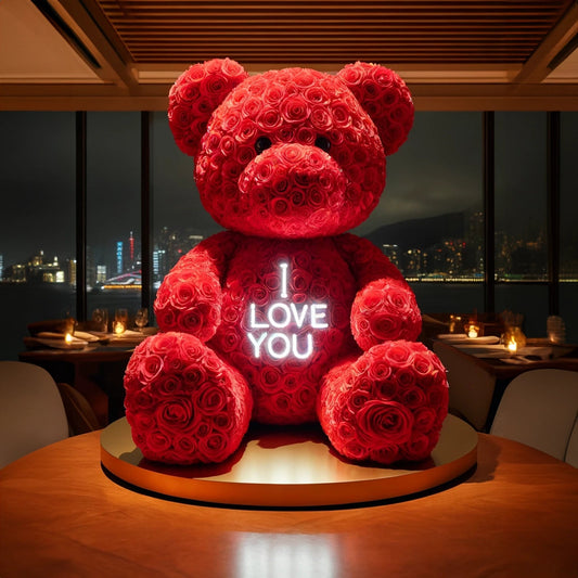 Majestic Rose Bear with Neon "I Love You" Message - Imaginary Worlds