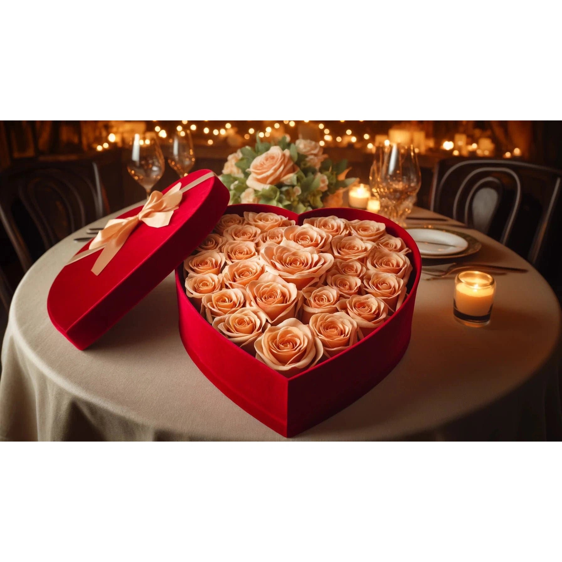 Peach Forever Roses in Heart-Shaped Velvet Box - Imaginary Worlds