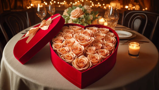 Peach Forever Roses in Heart-Shaped Velvet Box - Imaginary Worlds