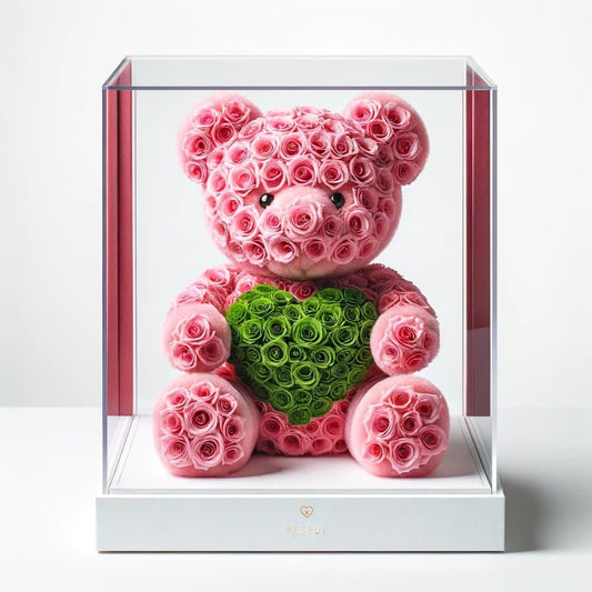 Pink Rose Bear with Green Roses Heart - Imaginary Worlds