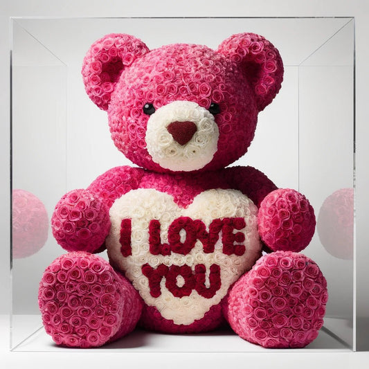 Pink Rose Bear with Red "I Love You" White Heart - Imaginary Worlds