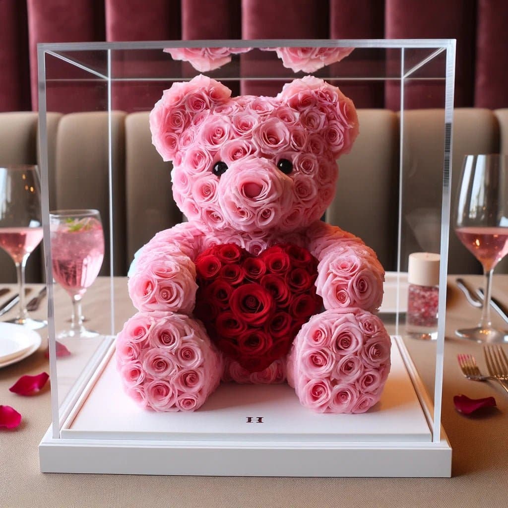 Pink Rose Bear with Red Roses Heart - Imaginary Worlds