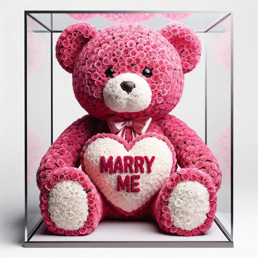 Pink Rose Bear with White Heart "Marry Me" - Imaginary Worlds