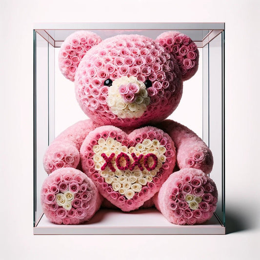 Pink Rose Bear with White Heart "XOXO" - Imaginary Worlds