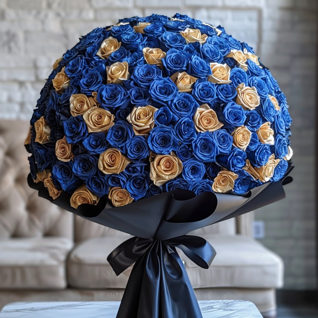 Preserved Blue and Gold Roses Flower Bouquet - Imaginary Worlds